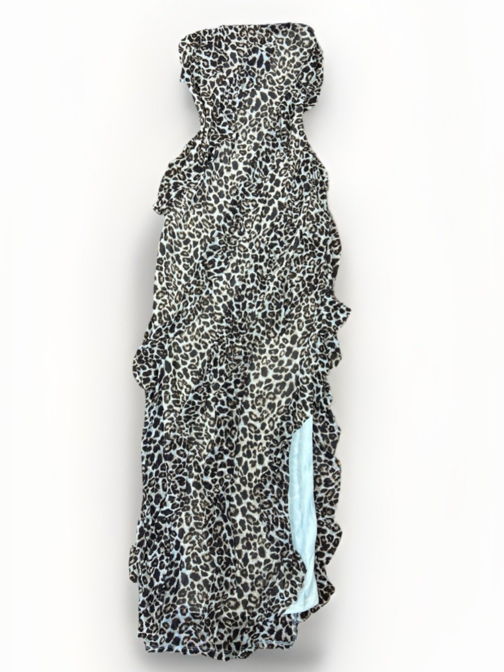 Leopard Cheetah Print Ruffle Strapless Maxi Dress w/ Slit Size Small